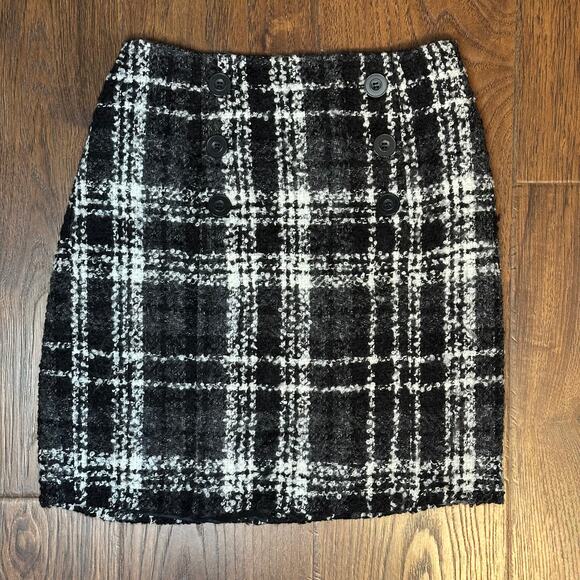 Halogen Y2K Academia Black Plaid Wool Blend Button Mini Tweed Skirt Sz 2 - Picture 1 of 6